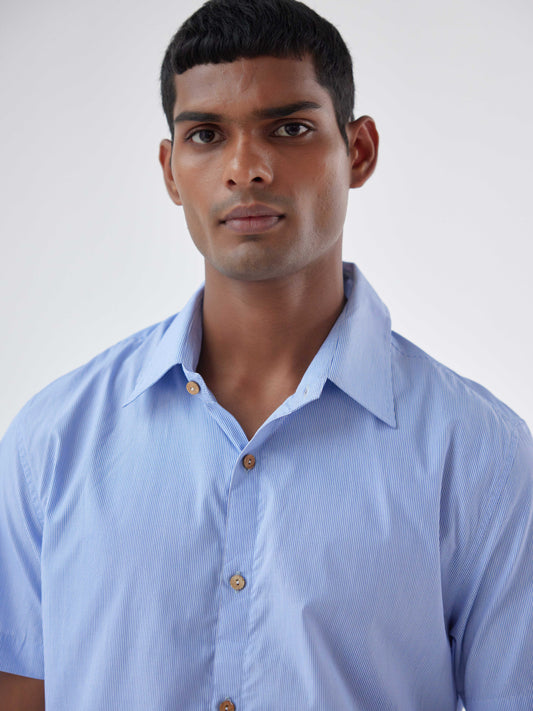 BLUE STRIPE POPLIN RESORT SHIRT