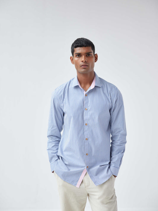 PINK-BLUE STRIP POPLIN SHIRT