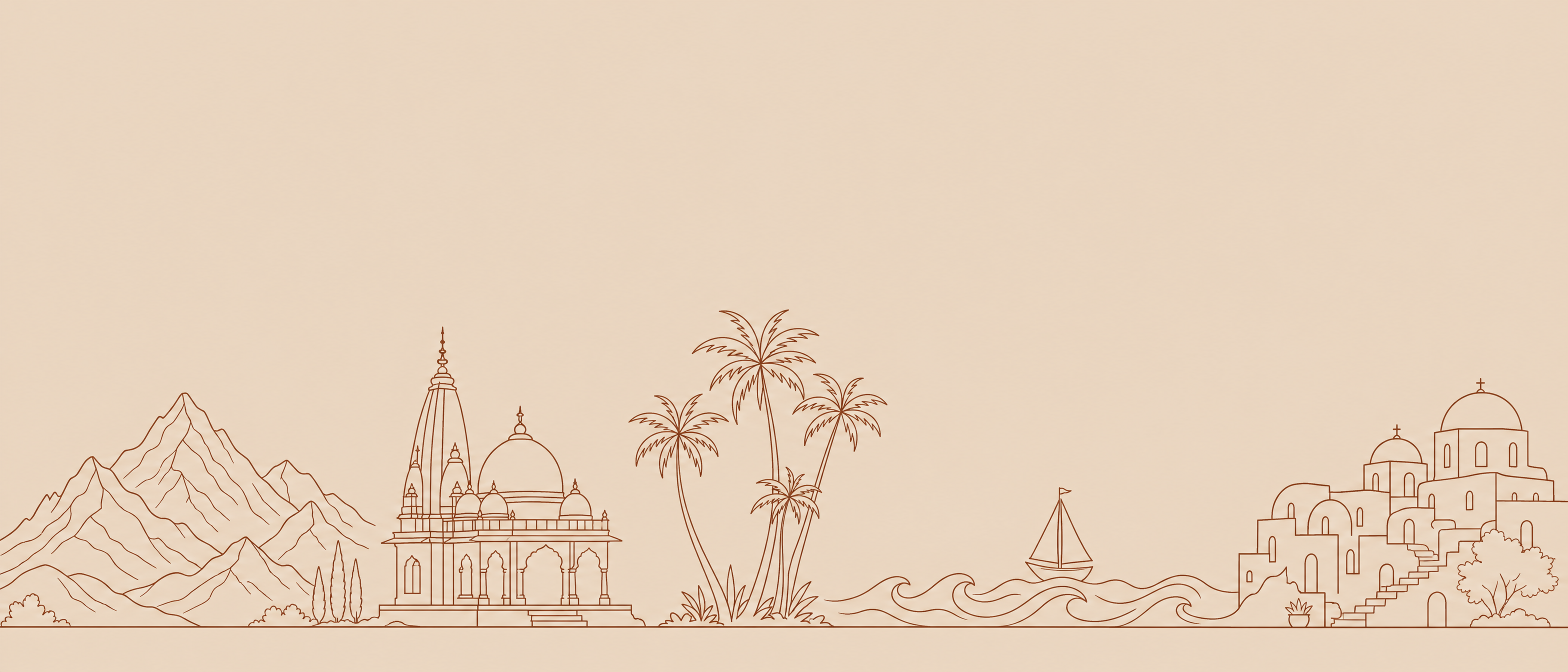 Label Kheerganga footer horizon line art — mountains, temple, palms, sailboat and Santorini domes