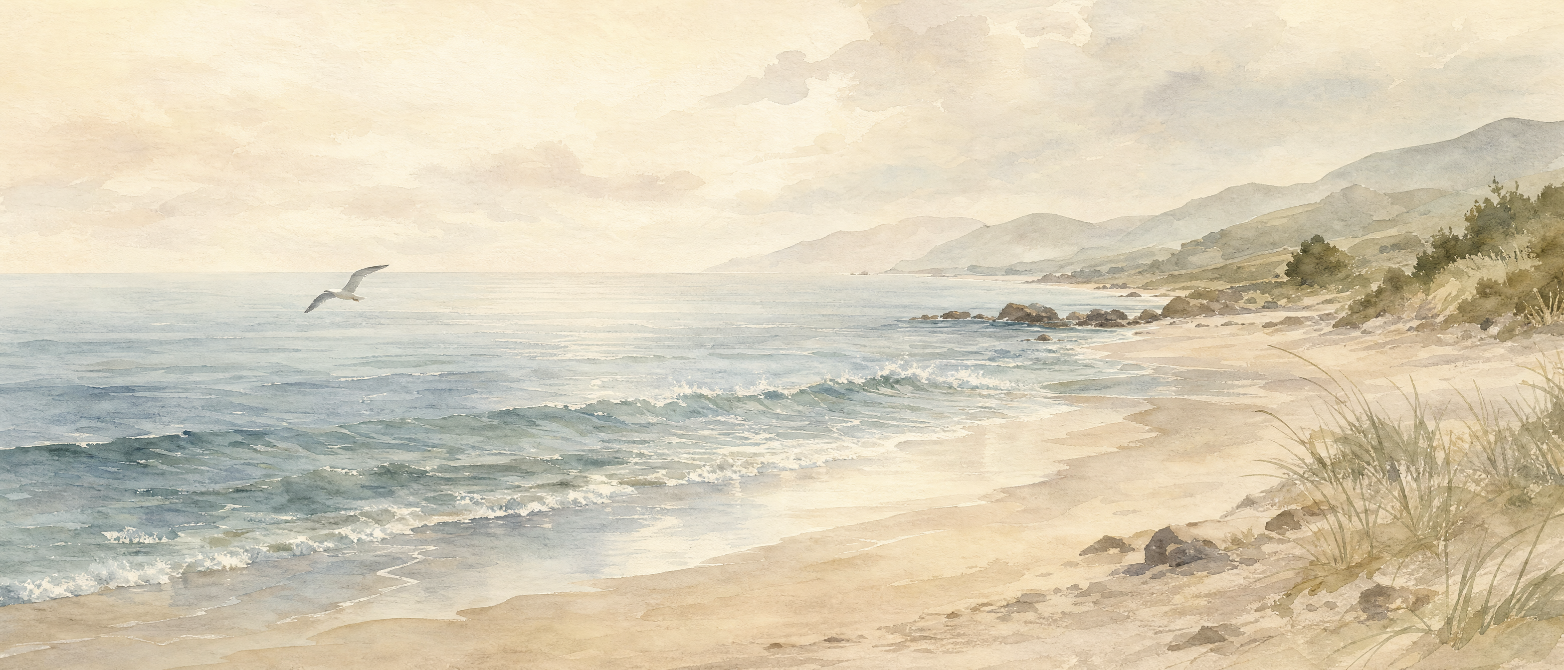 Watercolour shoreline with a seabird — Salt & Sun