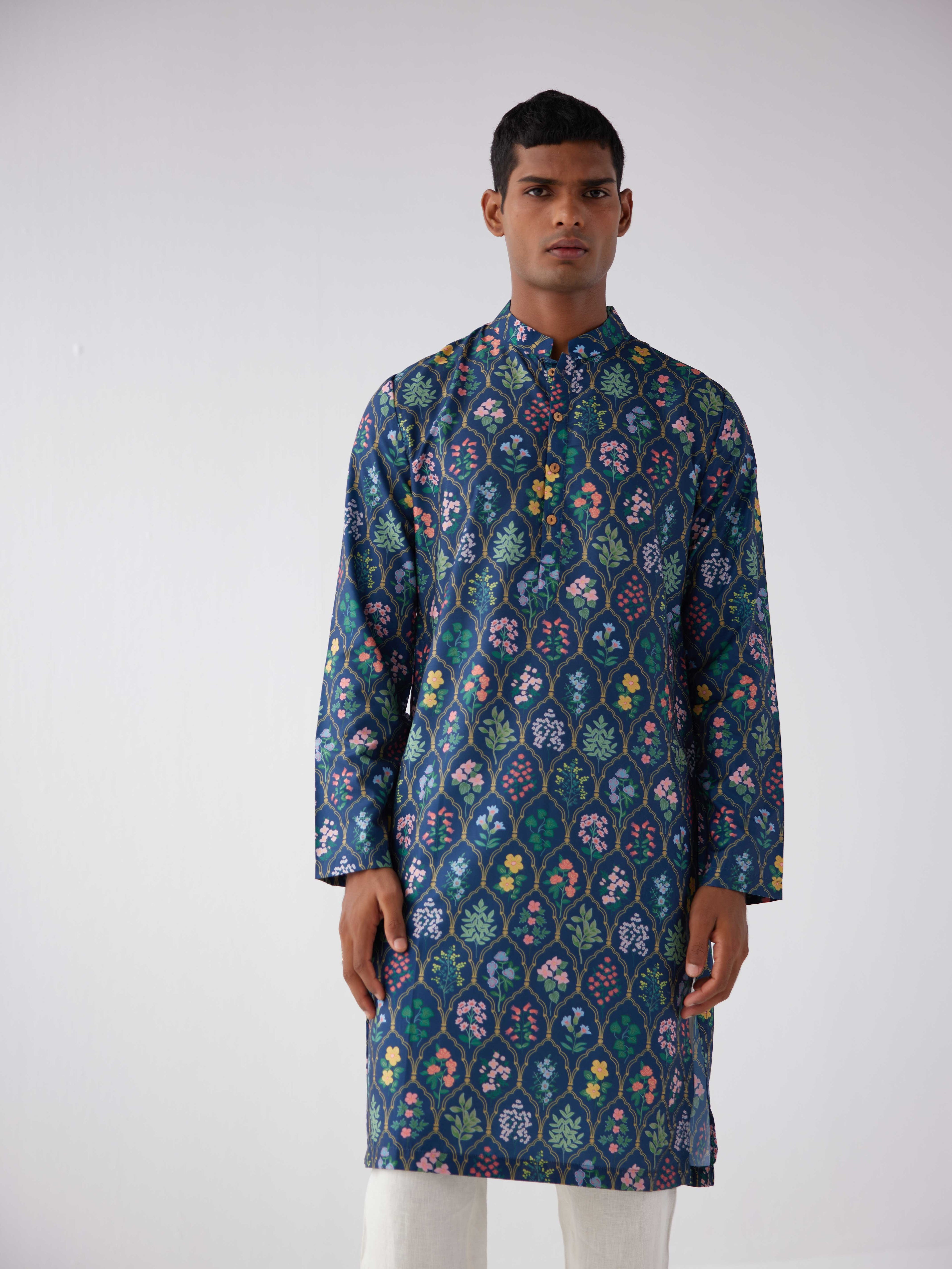 NAVY FLORAL MUGHAL KURTA