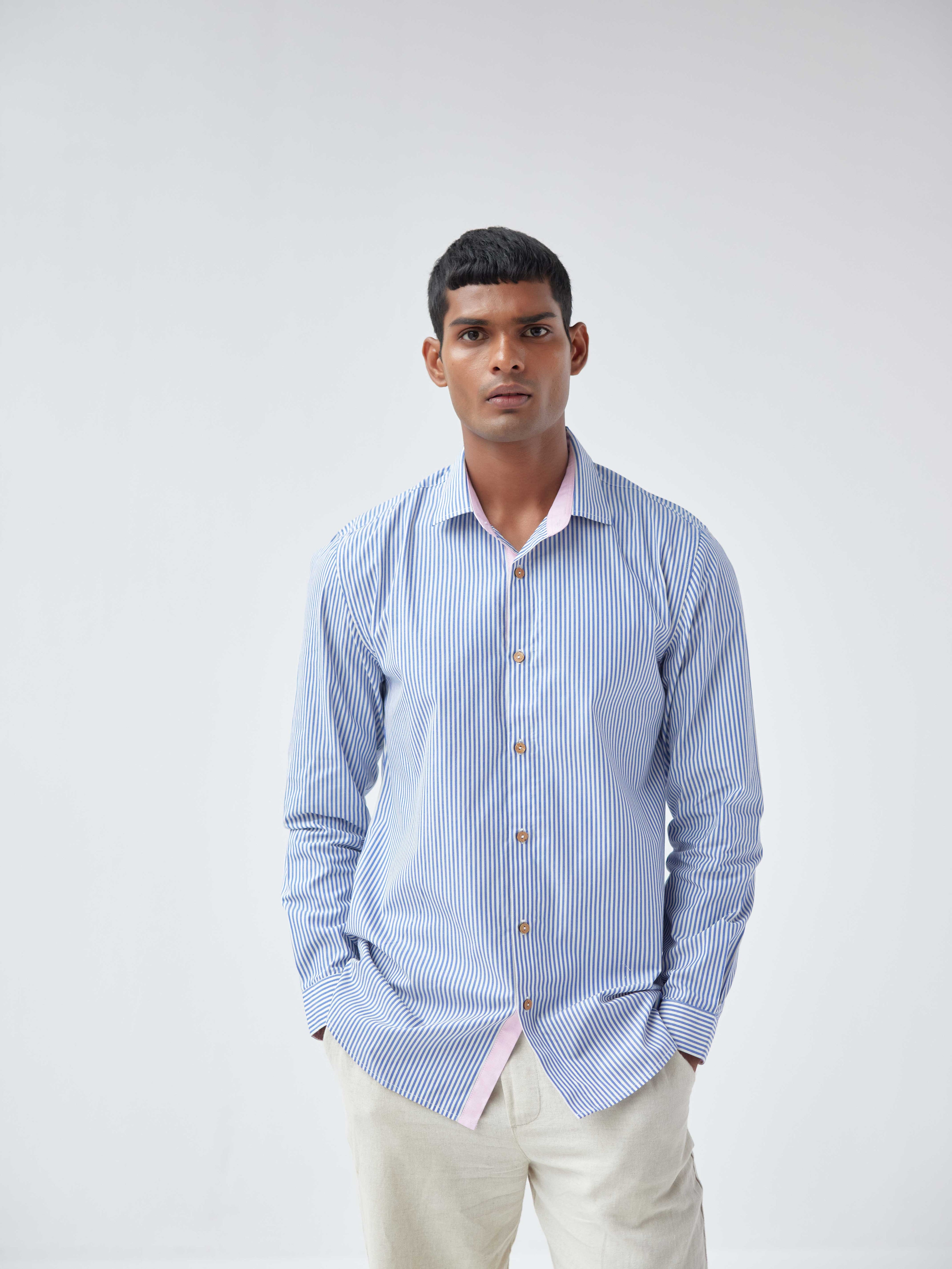 PINK-BLUE STRIP POPLIN SHIRT