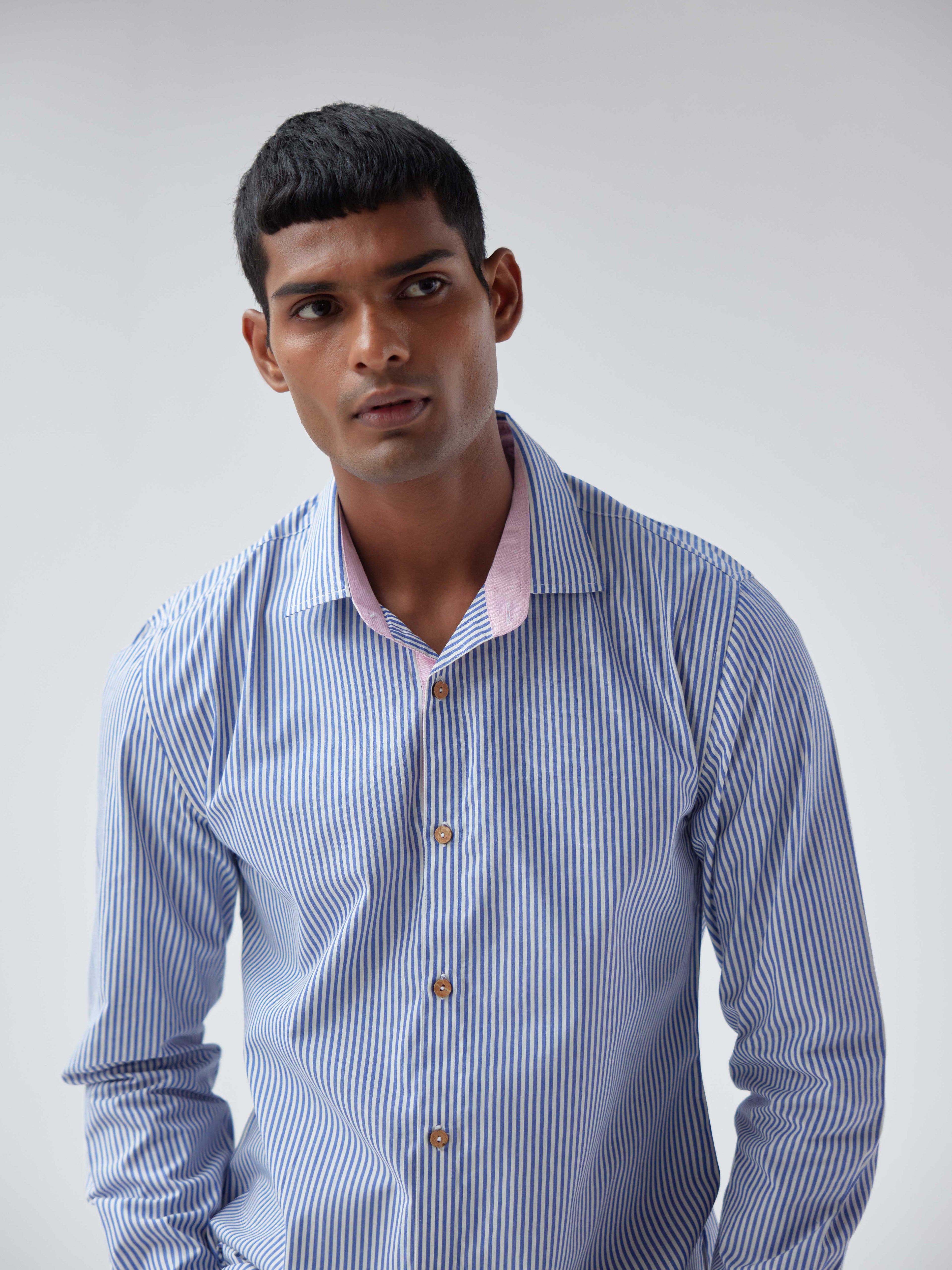PINK-BLUE STRIP POPLIN SHIRT