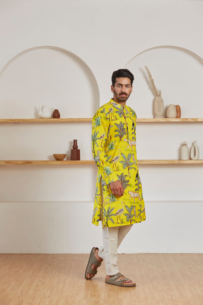 Vanaspati yellow kurta for men detail - Label Kheerganga