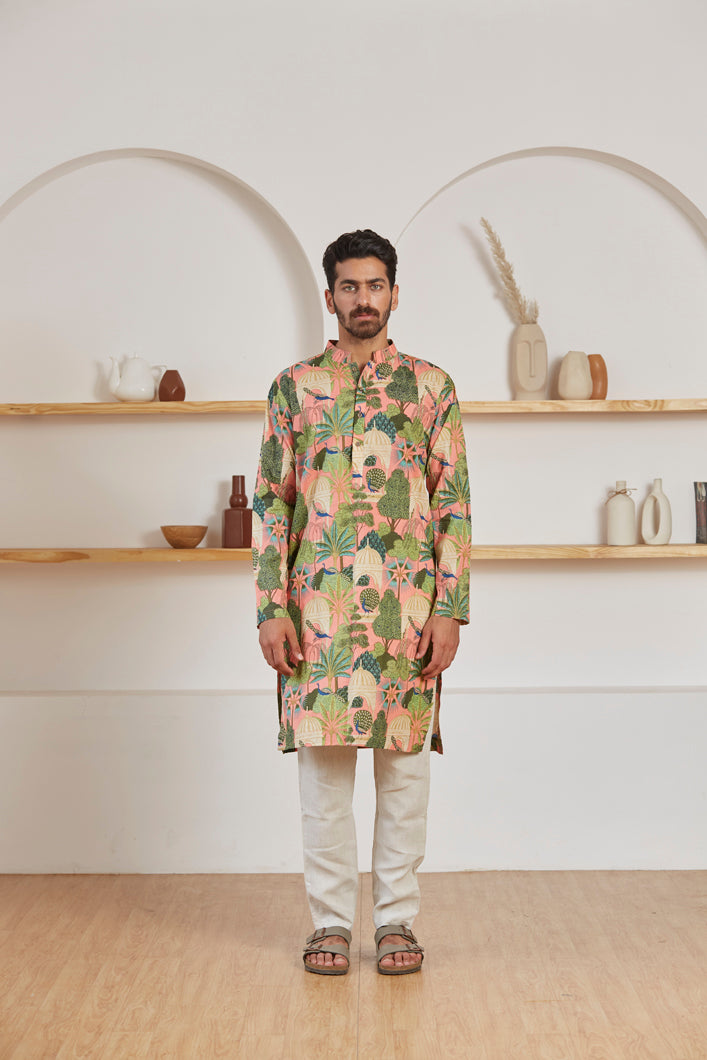 Mughal Garden kurta for men side view - Label Kheerganga