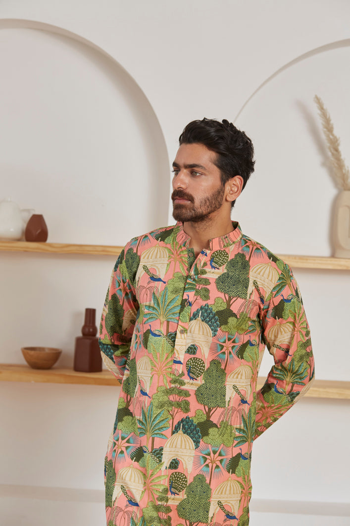 Mughal Garden kurta for men back view - Label Kheerganga