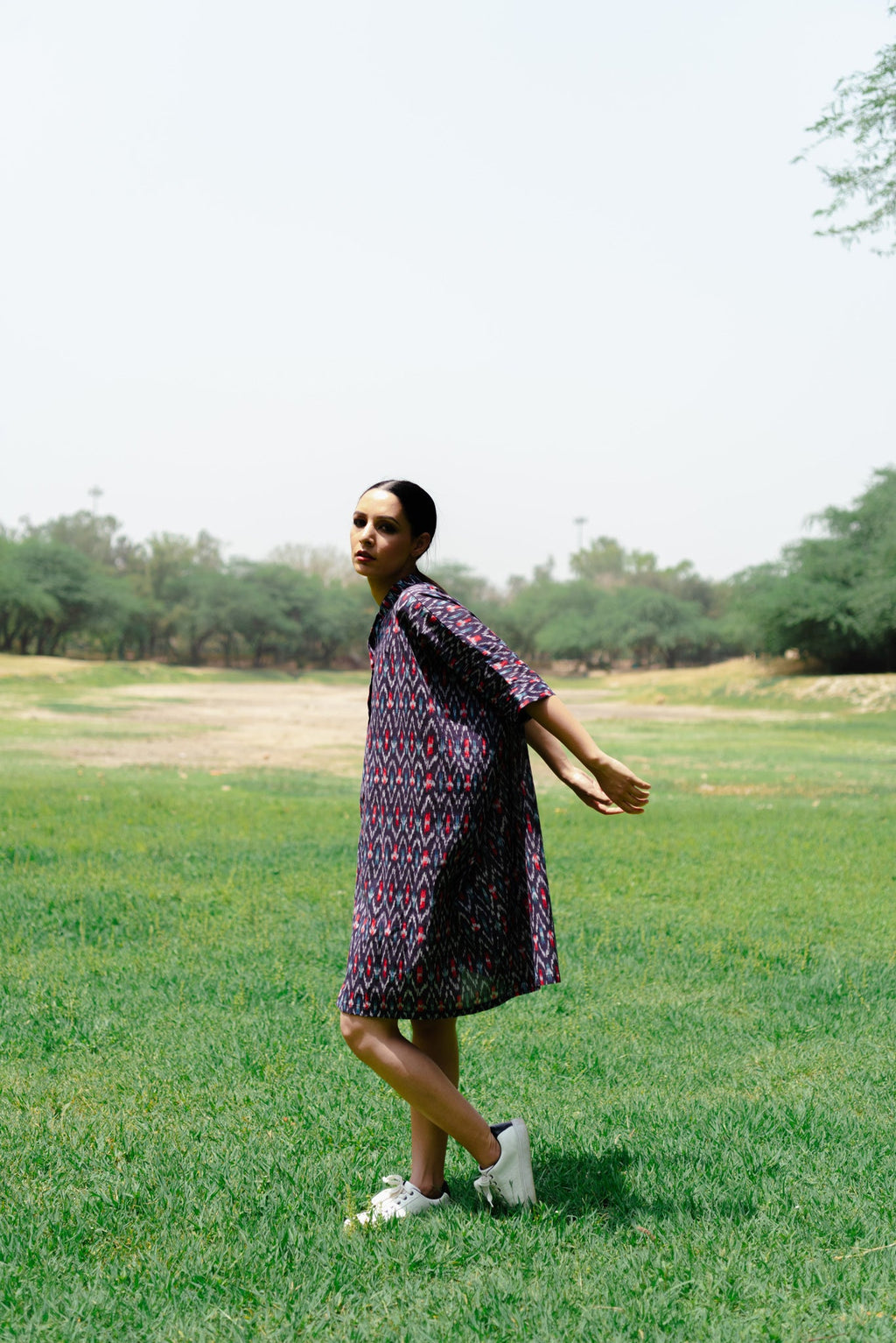 Iris ikkat midi dress for women back view - Label Kheerganga
