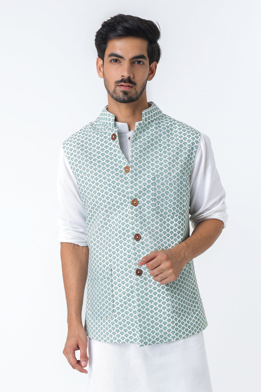 Pista Shankh print Nehru jacket for men - Label Kheerganga