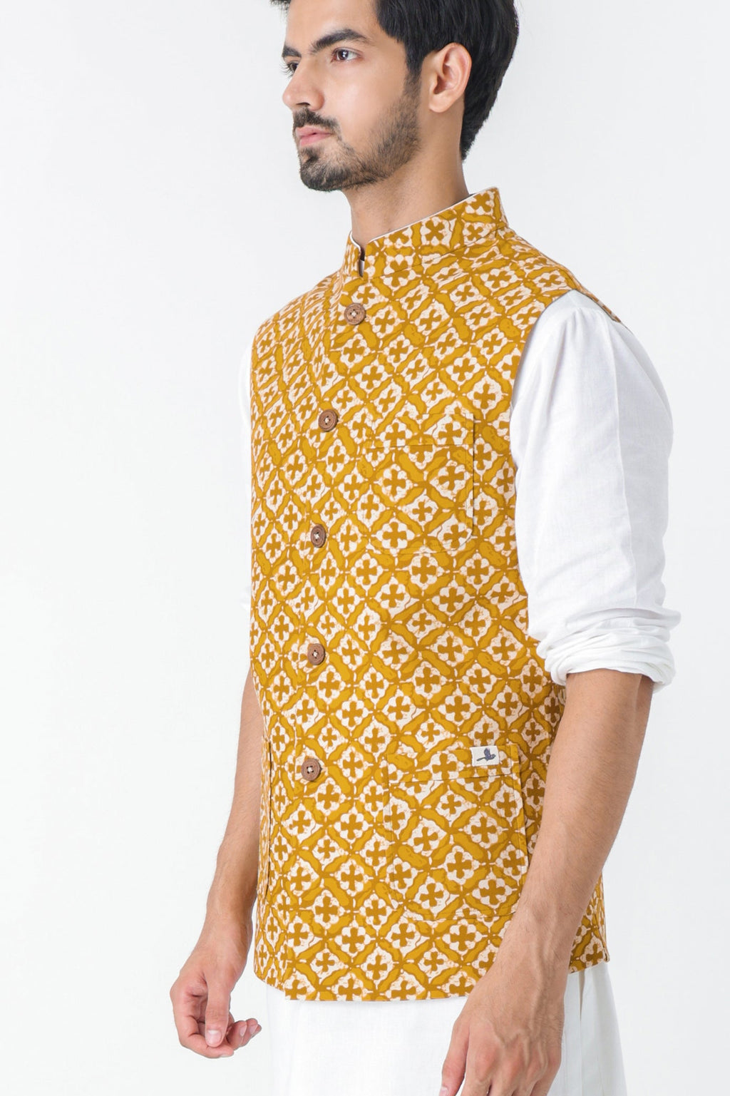 Haldiya Basant Nehru jacket for men side view - Label Kheerganga