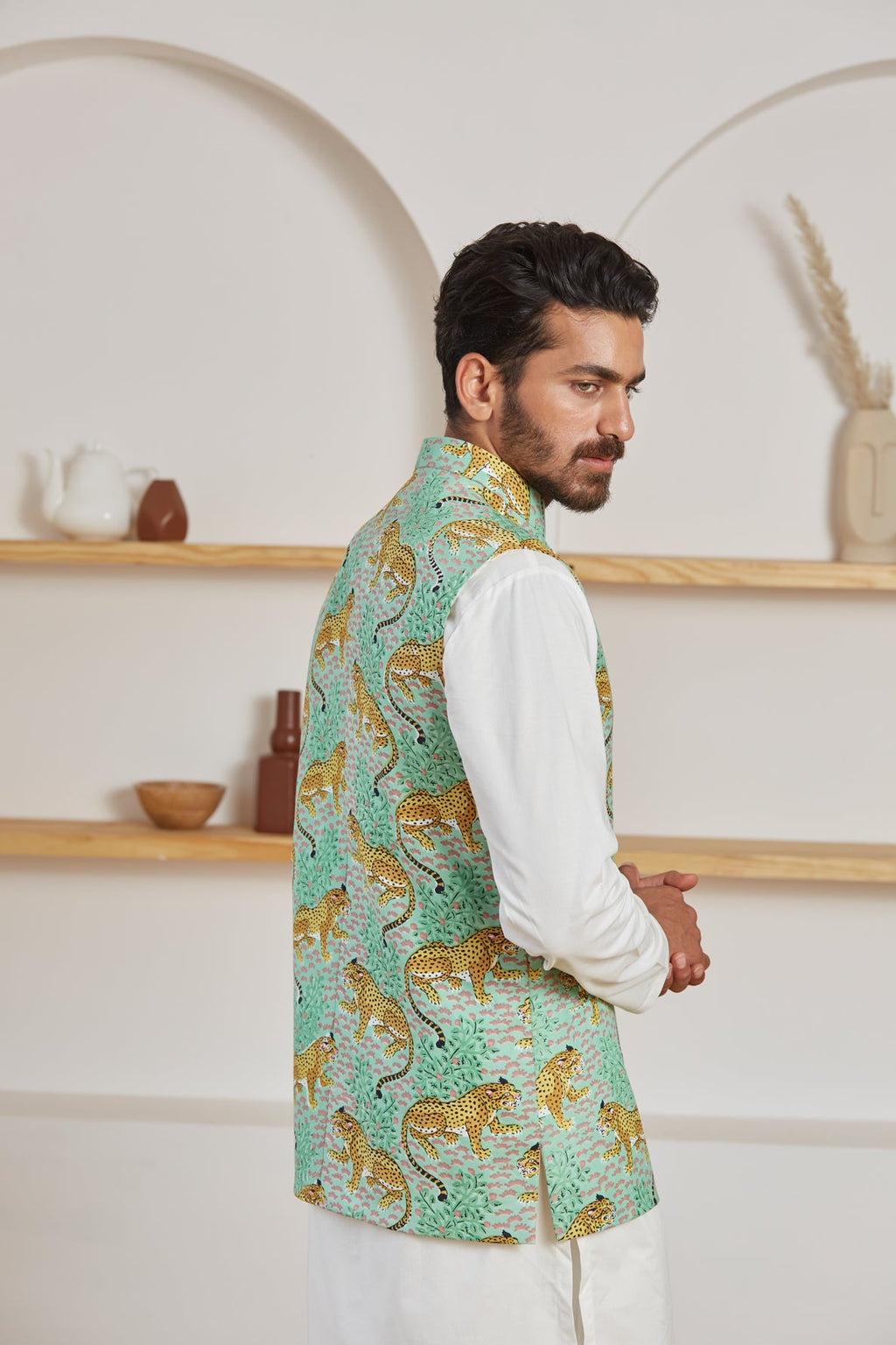Baagh tiger print Nehru jacket for men - Label Kheerganga