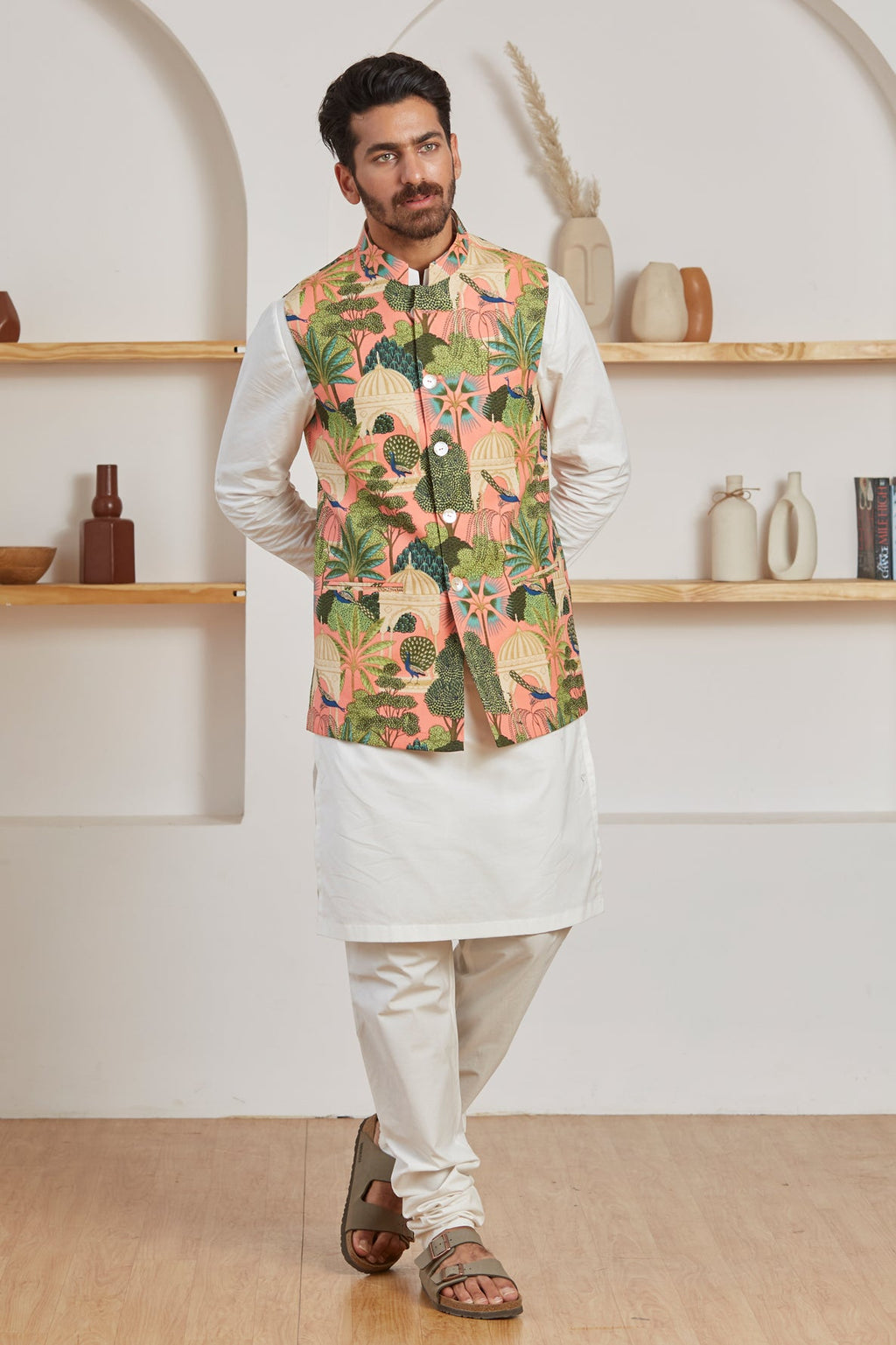 Rose Mughal Nehru jacket for men back view - Label Kheerganga
