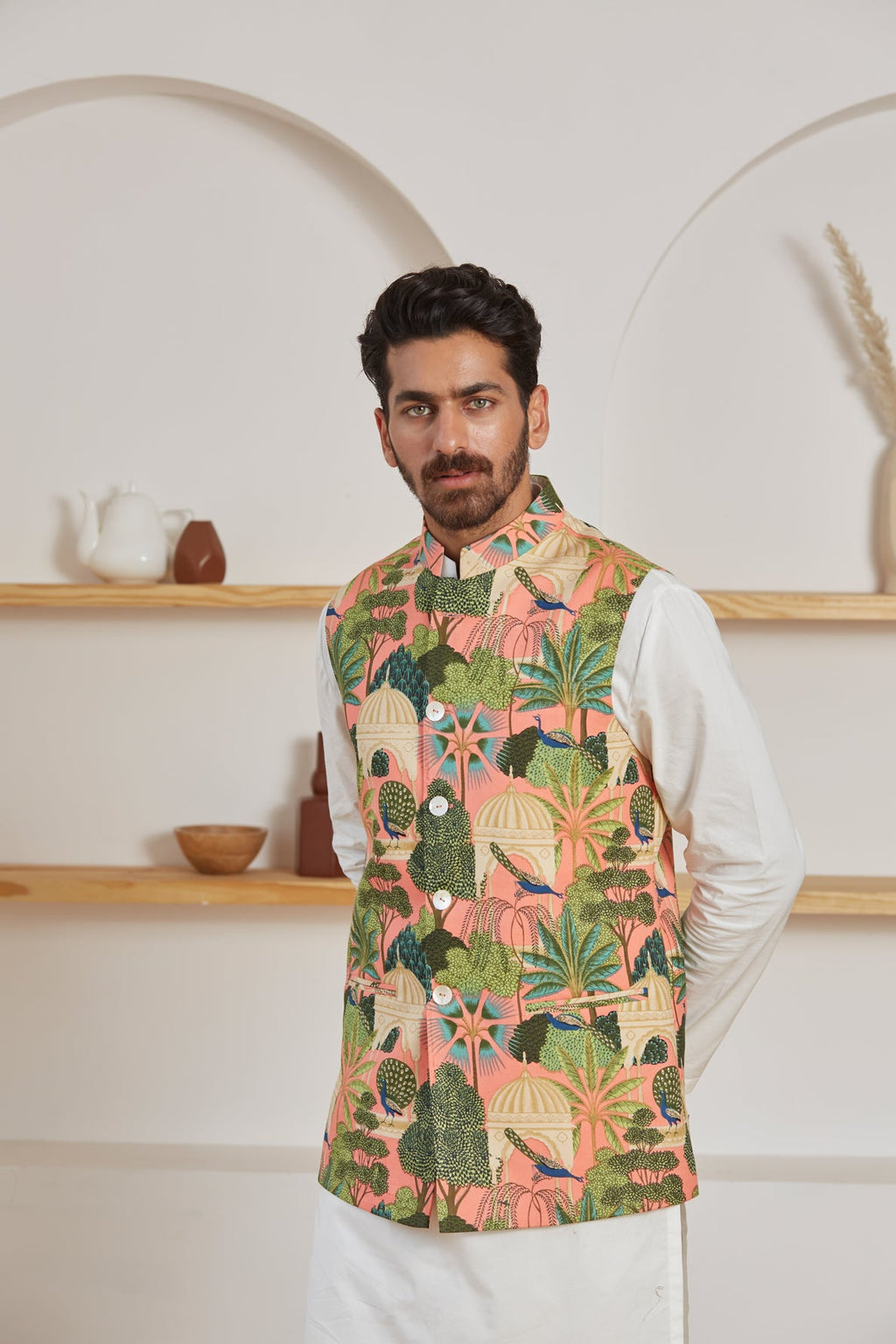 Rose Mughal Nehru jacket for men detail - Label Kheerganga