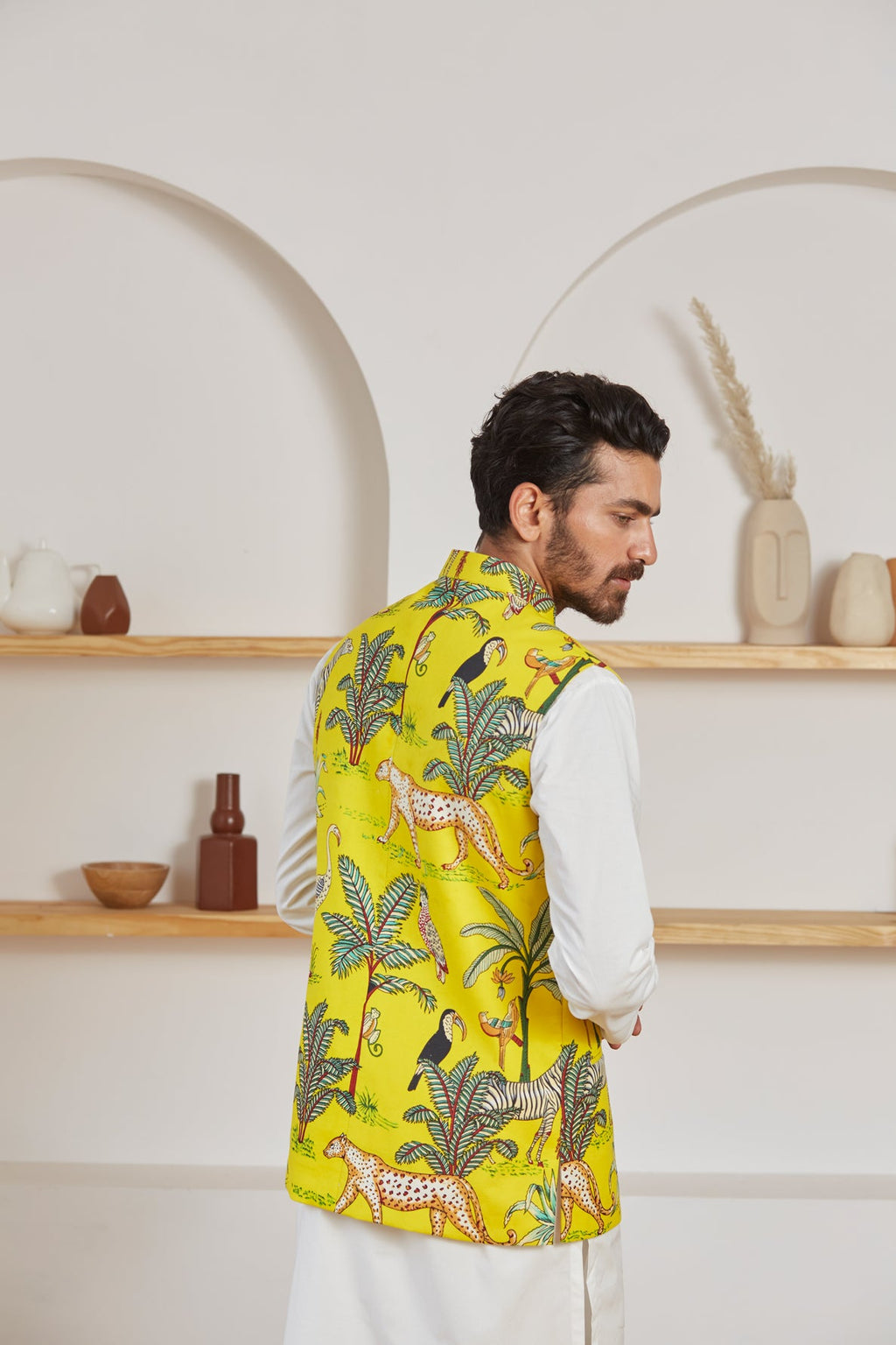 Van print Nehru jacket for men detail - Label Kheerganga