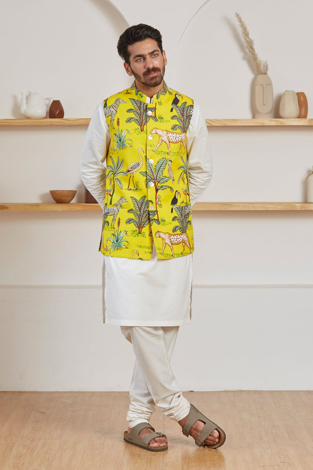 Van print Nehru jacket for men side view - Label Kheerganga