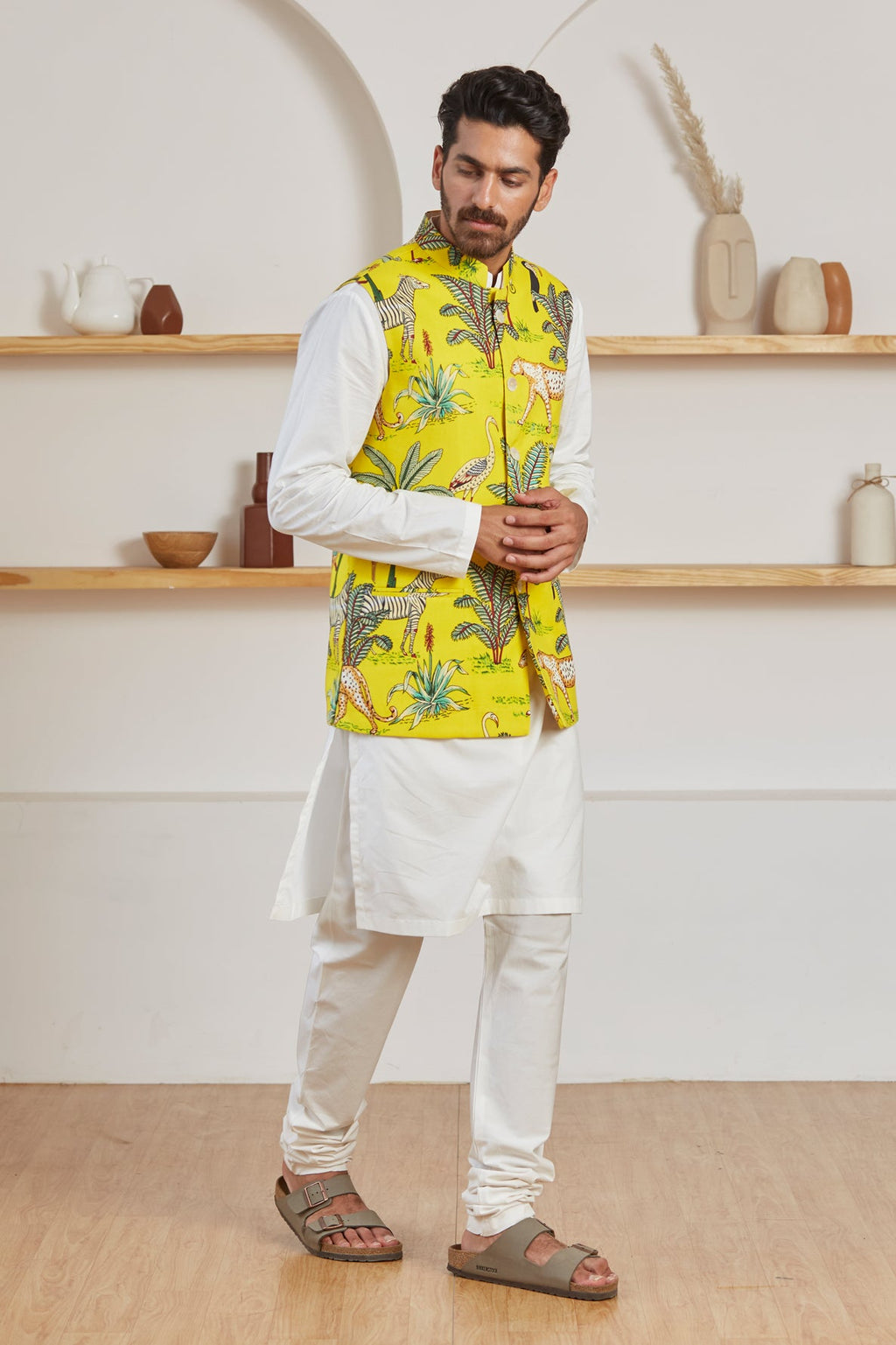 Van print Nehru jacket for men full view - Label Kheerganga